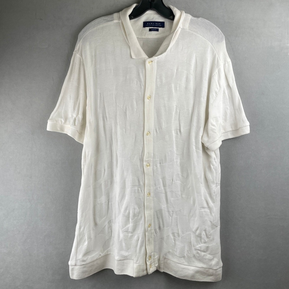 Zara Man‎ White Textured Jacquard Slim Fit Short Sleeve Button Up Shirt Vacay XL